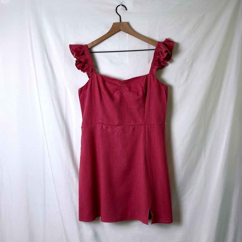 Francesca's Womens Ruffle Strap Smocked Back Linen Blend Mini Dress Size L Pink
